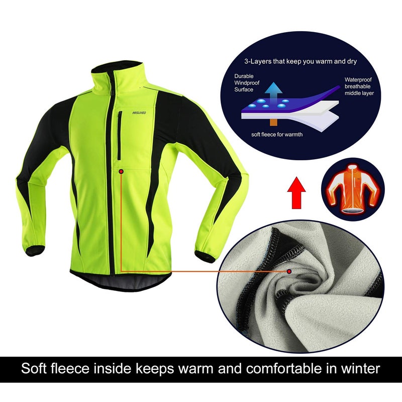 ARSUXEO Winter Warm UP Thermal Softshell Cycling Jacket Windproof Waterproof Bicycle Mountain Bike Clothes 15-K Green Size XX-Large - Image 3
